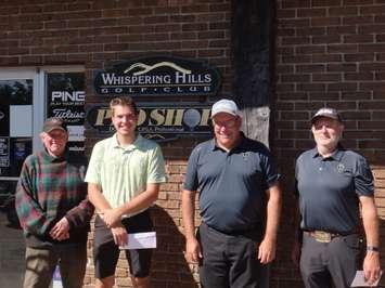 L-R: Doug Day, C.P.G.A. head professional and secretary treasurer of Whispering Hills Golf Club, Shayne Baltzer (18) of Hanover, 95th men’s club championship runner-up, Shawn Kaufman (46) of Walkerton, 95th men’s club champion, John Hoffarth (66) of Hanover, 95th men’s club championship 3rd place bronze medal finalist. (Photo provided by Darrell D. Day.)