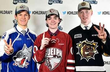 L-R: 2nd overall pick Owen Lalonde of the Sudbury Wolves, 1st overall pick Ryan Merkley of the Guelph Storm, and 3rd overall pick of the Hamilton Bulldogs, Connor Roberts.