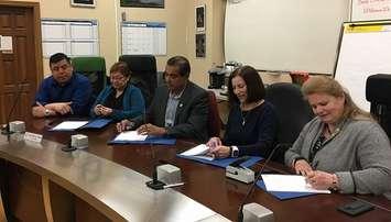 (Left to Right) Saugeen First Nation Councillors Mark Mandawoub, Gayle Mason Stark and Chief Lester Anoquot;  Bluewater District School Board Chair Jan Johnstone and Director of Education Alana Murray (photo sumitted)