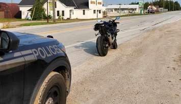 A motorcycle stopped in a RIDE program by Grey Bruce OPP, September 14, 2024. Photo provided by West Region OPP.