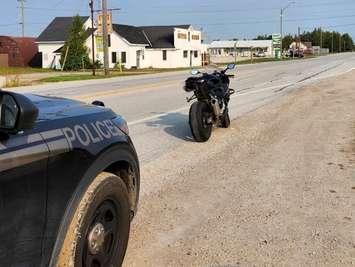 A motorcycle stopped in a RIDE program by Grey Bruce OPP, September 14, 2024. Photo provided by West Region OPP.