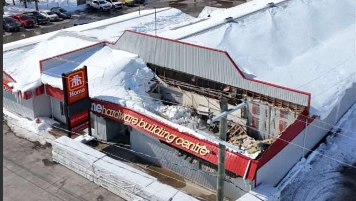 Partial roof collapse at McDonald Home Hardware and Building Centre in Brussels.  Photo from Michael McDonald.