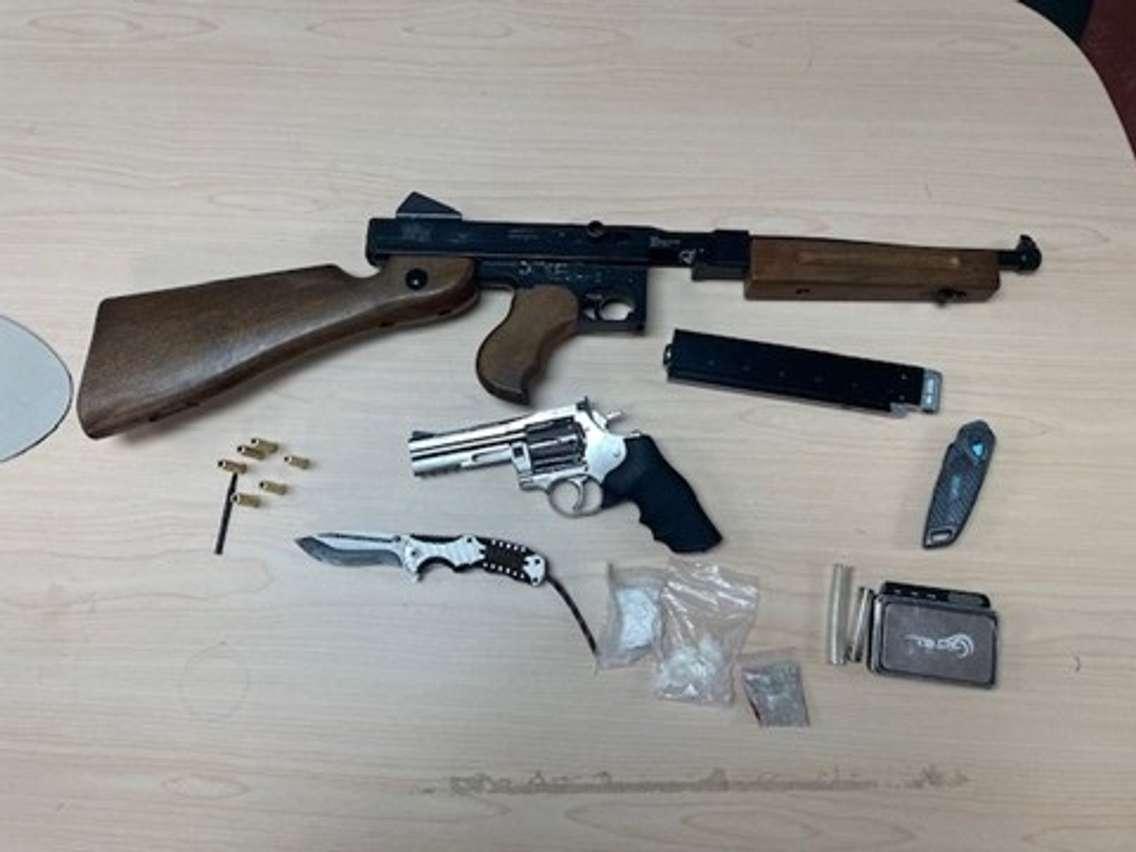 Weapons and drugs seized by OPP in the Township of Melancthon, February 1, 2025. Photo provided by Dufferin OPP.