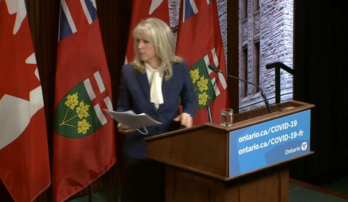 Ontario's minister of long-term care, Merrilee Fullerton, walks out of a news conference on the Long-Term Care COVID-19 Commission's report. Blackburn News Photo.