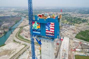 Scaffolding surrounds the just-completed Detroit tower of the Gordie Howe International Bridge, August 29, 2023. Photo courtesy Windsor-Detroit Bridge Authority official website.