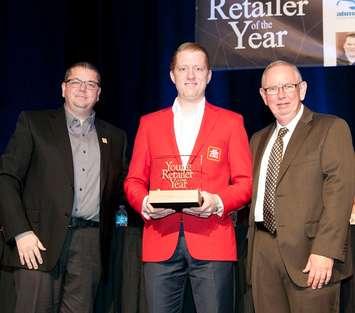 Dan Moulton (middle), dealer-owner of Hanover Home Hardware Building Centre and Alliston Home Hardware Building Centre.
Adam Busscher (left), Immediate Past Chairman NRHA Board, and Bill Lee (right), NRHA President & CEO. (photo submitted)