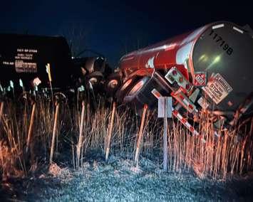 A train collides with a transport truck. April 8, 2025. Photo courtesy of the Sarnia Fire Rescue via X (formerly Twitter). 