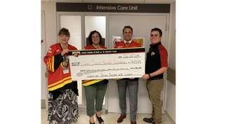 Lerner's Personal Injury Lawyers and the Owen Sound Attack present the Owen Sound Hospital Foundation with a cheque for monies raised by the teams Warm-up Jersey auction. From left: Martha Richards,  Director of Medicine & Oncology, Grey Bruce Health Services; Greg Willson, Lawyer, Lerner’s Personal Injury Lawyers; Amy McKinnon, Executive Director, Owen Sound Regional Hospital Foundation; Allan Gibbons, Coordinator of Communications & Community Relations, Owen Sound Attack.