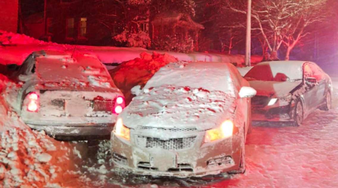 Three vehicles involved in a chain-reaction crash that injured a women shoveling snow on 8th Street East in Owen Sound, January 21, 2025. Photo provided by Owen Sound police