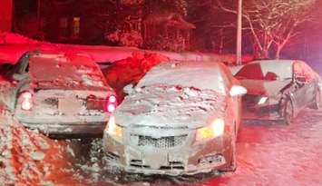 Three vehicles involved in a chain-reaction crash that injured a women shoveling snow on 8th Street East in Owen Sound, January 21, 2025. Photo provided by Owen Sound police