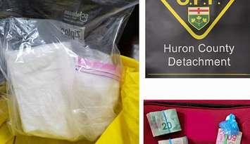 Suspected cocaine, opioids and cash seized by OPP, January 14, 2025. Photo provided by Huron OPP.