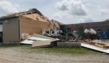 A drive shed in the Mitchell area damaged by a downburst, July 24, 2025. Photo provided by the Northern Tornadoes Project. 