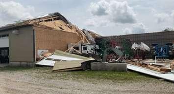 A drive shed in the Mitchell area damaged by a downburst, July 24, 2025. Photo provided by the Northern Tornadoes Project. 