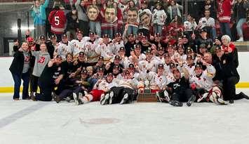 The Hanover Barons celebrate a Game 7 victory over the Mount Forest Patriots in the Pollock Division Final on Monday, April 8, 2024 (Photo by Ryan Drury)