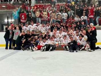 The Hanover Barons celebrate a Game 7 victory over the Mount Forest Patriots in the Pollock Division Final on Monday, April 8, 2024 (Photo by Ryan Drury)