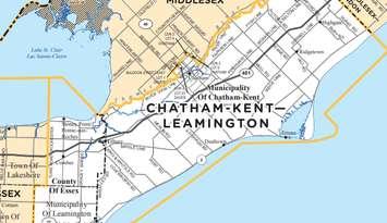 Snippet of the Chatham-Kent--Leamington riding map. (Photo via Elections Ontario / elections.on.ca)