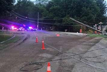 The scene of a collision between a vehicle and a hydro pole in Sarnia.  July 2021.  (Photo by Bluewater Power)