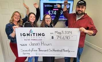 2024 Spring 50/50 winner, Jason Howes of St. Thomas - with Foundation team members (from L to R) Kylee Hamilton, Jordan Shaw and Melissa Hunter (Image from Chatham-Kent Health Alliance Foundation)