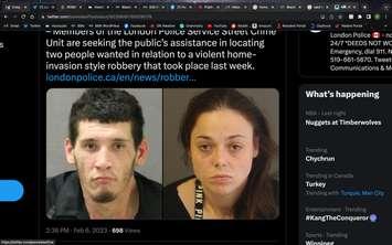 Kenneth James Peter Rowe, 28 (left), and Alexandra Reeves, 31, both of London, are wanted by police in relation to a home invasion-style robbery. Photos supplied by the London Police Service. 