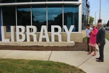 Kingsville Mayor Nelson Santos, Leamington Mayor Hilda MacDonald and Essex County Warden Gary McNamara after a media event showcasing the new Leamington branch of the Essex County Library, August 12, 2019. Photo by Mark Brown/Blackburn News.