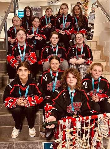 The U14 Chatham Thunder Ringette team. Photo courtesy of Krissy Crow.