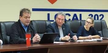 Unifor Health Care Director Andy Savela, London Health Coalition Co-Chair Peter Bergmanis, and PSW Shoshannah Bourgeois speak in London, February 5, 2020. (Photo by Miranda Chant, Blackburn News)