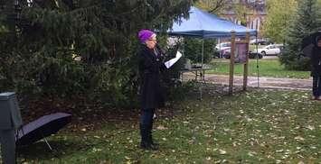 Megan Walker, the executive director of London Abused Women's Centre, speaks during the Lighting of the Tree of Hope ceremony at Victoria Park, November 1, 2018. (Photo courtesy of the London Abused Women's Centre via Twitter)