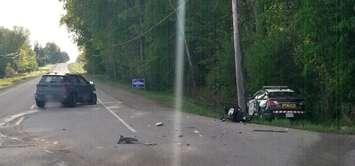 An SUV and OPP cruiser collided on Oxford Rd. 33 at 16th Line in East-Zorra Tavistock Township, May 18, 2022. Photo courtesy of  West Region OPP.