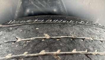 A bald tire with wiring exposed, June 18, 2025. Photo provided by Stratford Police Service/X.