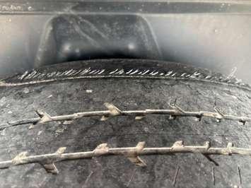 A bald tire with wiring exposed, June 18, 2025. Photo provided by Stratford Police Service/X.