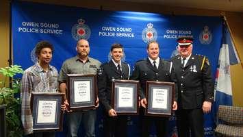 Owen Sound Police Chief Bill Sornberger and Recipients of the Chief Citation Awards.

From Left: Tyler Frank, Todd Boddy, Nicholas Maus and Kyle Stewart.
