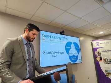 SLEP Senior Economic Development Officer Matthew Slotwinski makes a presentation for Minister Wilkinson (Blackburn Media Photo by Josh Boyce)