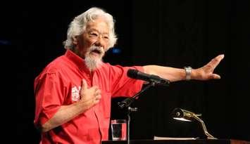 Dr. David Suzuki speaks to elementary school children at Windsors Capitol Theatre, June 22, 2015. (Photo by Mike Vlasveld)