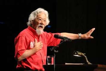 Dr. David Suzuki speaks to elementary school children at Windsors Capitol Theatre, June 22, 2015. (Photo by Mike Vlasveld)