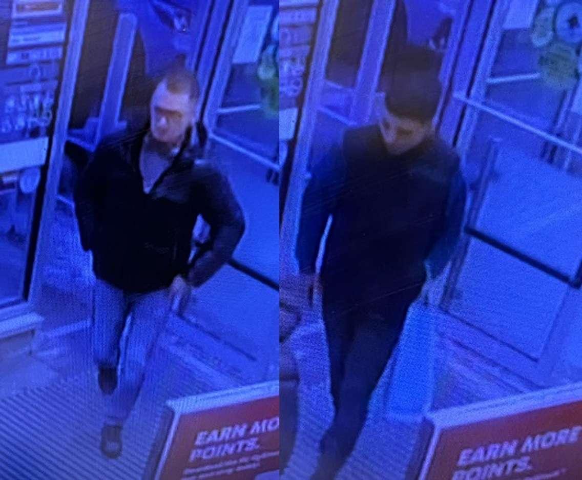 Two men being sought in connection with the theft of cosmetics from two Shoppers Drug Mart stores in Stratford. Photos provided by Stratford police.