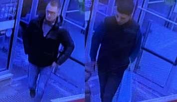 Two men being sought in connection with the theft of cosmetics from two Shoppers Drug Mart stores in Stratford. Photos provided by Stratford police.