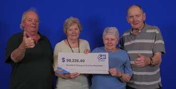 James Mahon of Port Elgin, Ronald Mahon, Joyce Smith, and Marie Jones of Southampton won the second prize in the April 12 Lotto 6/49 draw. Photo provided by OLG