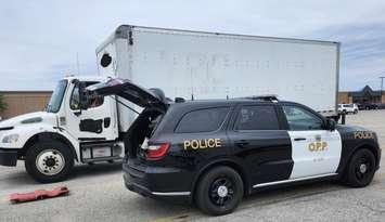 Police conducting a commercial vehicle safety blitz, June 2025. Photo provided by Grey Bruce OPP.