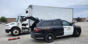 Police conducting a commercial vehicle safety blitz, June 2025. Photo provided by Grey Bruce OPP.
