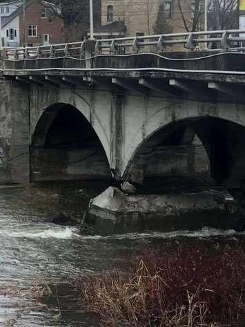 A support on the downtown Chesley bridge has broken away, causing a closure of the bridge. (Photo by Deanna Harvie)