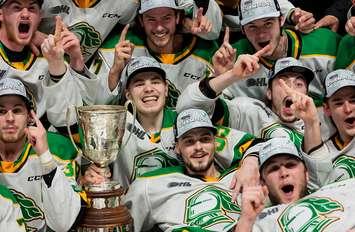 London Knights players celebrating their OHL title win, May 15, 2024. Photo from @OHLHockey on X.