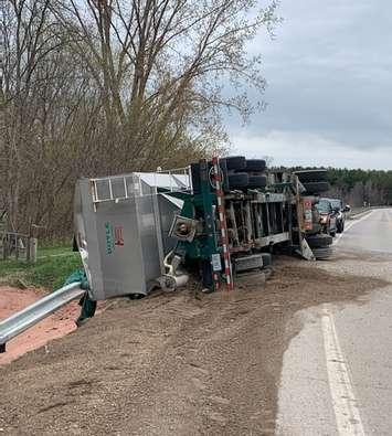 Tractor-trailer crash on Sharpes Creek Line near Forresters Line. May 02, 2022. Image via Huron County OPP.)