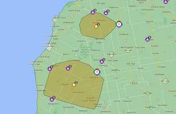 A map of Hydro One outages from around 12:30 p.m. (Photo courtesy of Hydro One)