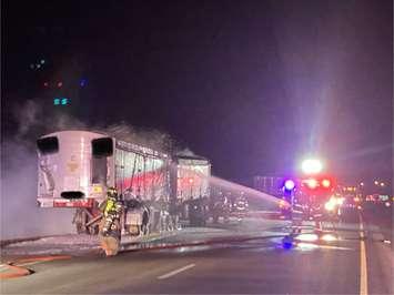 The scene of a tractor trailer fire on eastbound Highway 401 near Dutton. December 12, 2024. (Photo courtesy of Southwold Fire Department via X.com)