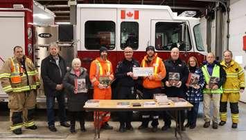 Inter Township fire Department receives grant from Enbridge Gas.  Pictured Left to Right: Firefighter Dave Guichelaar, Deputy Mayor of Georgian Bluffs Grant Pringle, Mayor of Georgian Bluffs Sue Carleton, Enbridge Gas Justin Zemlanko, Fire Chief Jeff Gautreau, Enbridge Gas Dylan Taylor, Deputy Fire Chief Andy Redmond, Deputy Mayor of Meaford Shirley Keaveney, Meaford Councillor Harley Greenfield, Firefighter Ron Hilsden. Photo from Inter Township Fire Department