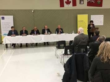 Kincardine Mayor Anne Eadie addresses the crowd at the podium during the announcement of the South Bruce Natural Gas Project at the Davidson Centre in Kincardine. At the table L-R: Thomas Stachowski, Customer Care rep for Southern Bruce EPCOR, Gordon Kaiser, EPCOR Consultant and former Vice Chair of the OEB, Karim Kassam, Vice President of Business Development for EPCOR, Paul Eagleson, Arran-Elderslie Mayor and Bruce County Warden, and Mitch Twolan, Mayor of Huron-Kinloss. April 17th, 2018 (Photo by Ryan Drury)