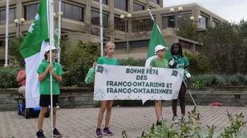Flag raising ceremony for Franco-Ontarian Day at the Seaway Centre Parkette in downtown Sarnia. September 25, 2024. (Photo by Natalia Vega) 