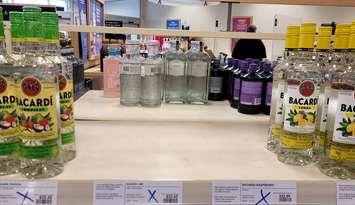 American alcohol is marked with an X for removal from LCBO stores in Ontario in retaliation to U.S. imposed tariffs. February 3, 2025 Blackburn Media photo by Stephanie Chaves.