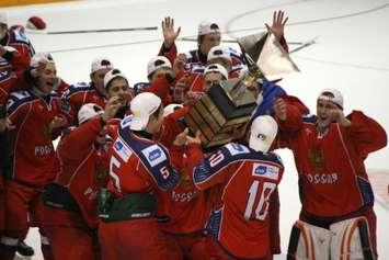 Team Russia hoists the trophy in celebration after winning World U-17 gold Nov. 8, 2014 at the RBC Centre. (BlackburnNews.com photo by Dave Dentinger)