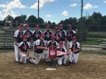 The 2020 Durham U14 OASA champions. Back row: Coach Brent Marshall, Codee Rahn, Max Rahn, Dylan Marshall, Avery Kostal, Ben Plume and Coach John Nixon.
Front row: Liam Rusnak, Luke Marshall, Tate Watson, Dawson Marshall and Jack Kollias. (Photo provided by April Marshall)